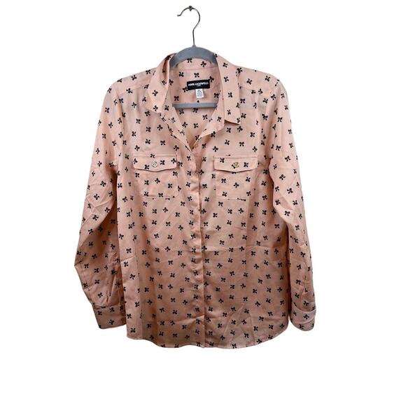 Karl Lagerfeld Pink w/Bow Detail Long Sleeve Button Down Top Size Medium - Picture 1 of 4